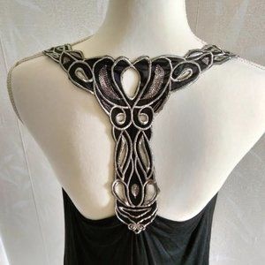 Racerback Silver Embroidery on Black Straps Hankerchief Hem Top or Dress Sz M
